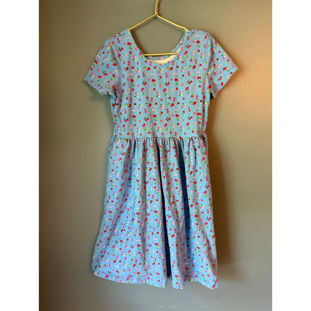 Lands End Girls Blue Cherry Print Short Sleeve Knit Dress Size L 10-12
